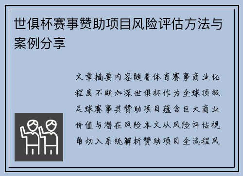 世俱杯赛事赞助项目风险评估方法与案例分享