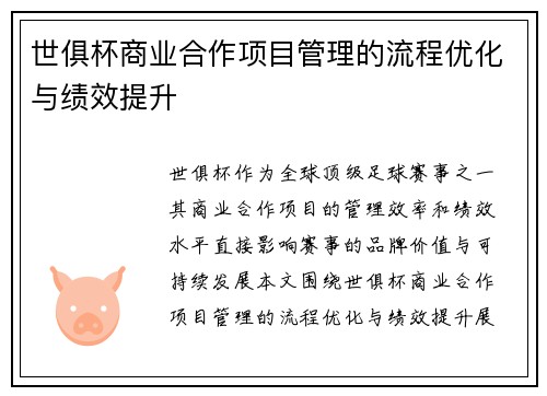 世俱杯商业合作项目管理的流程优化与绩效提升